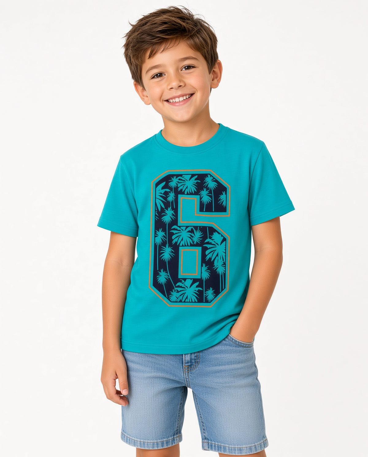 Boy wearing a teal tee with palm tree number 6 graphic and denim shorts