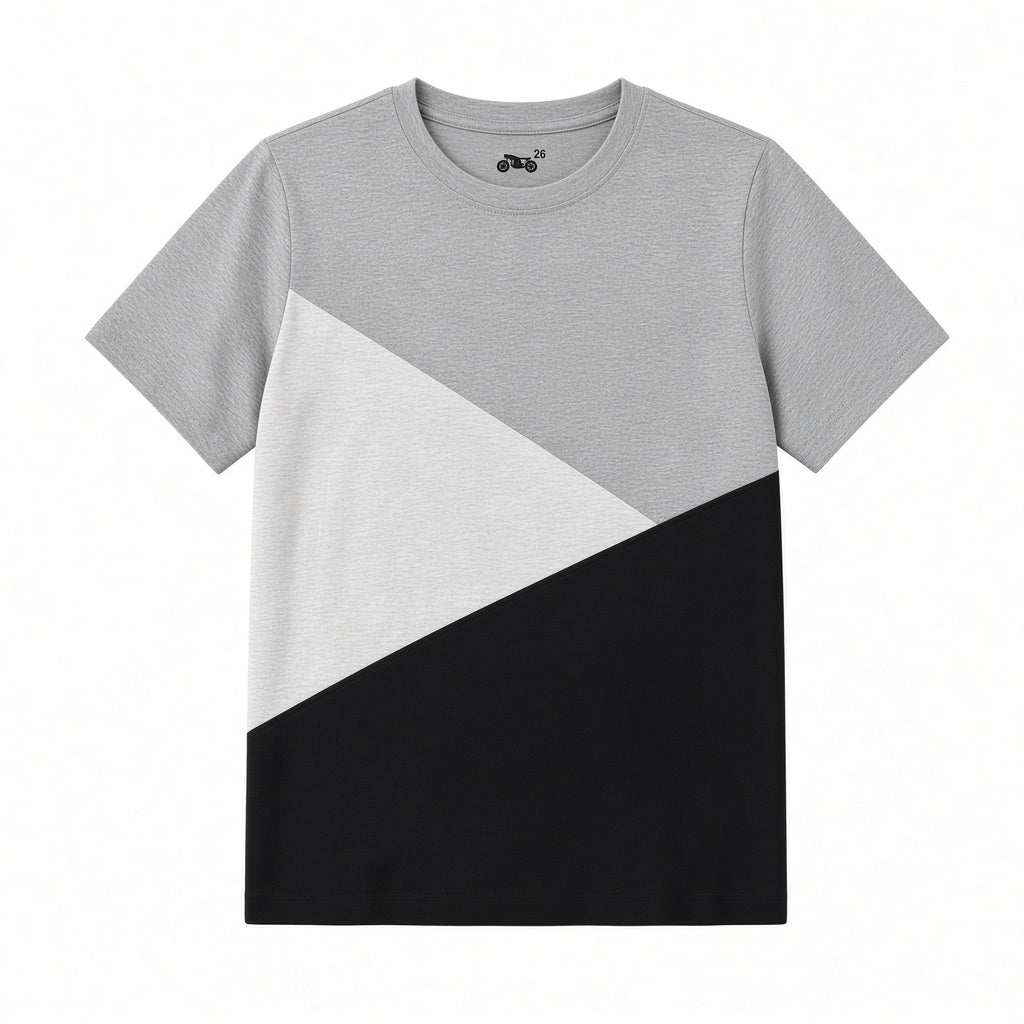 Boys color block tee in light gray, white, and black, front view