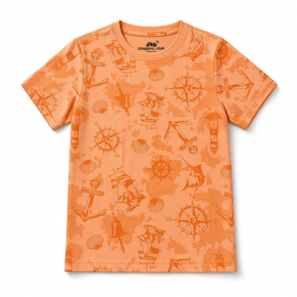 Orange boys tee with allover nautical compass and anchor print, front view
