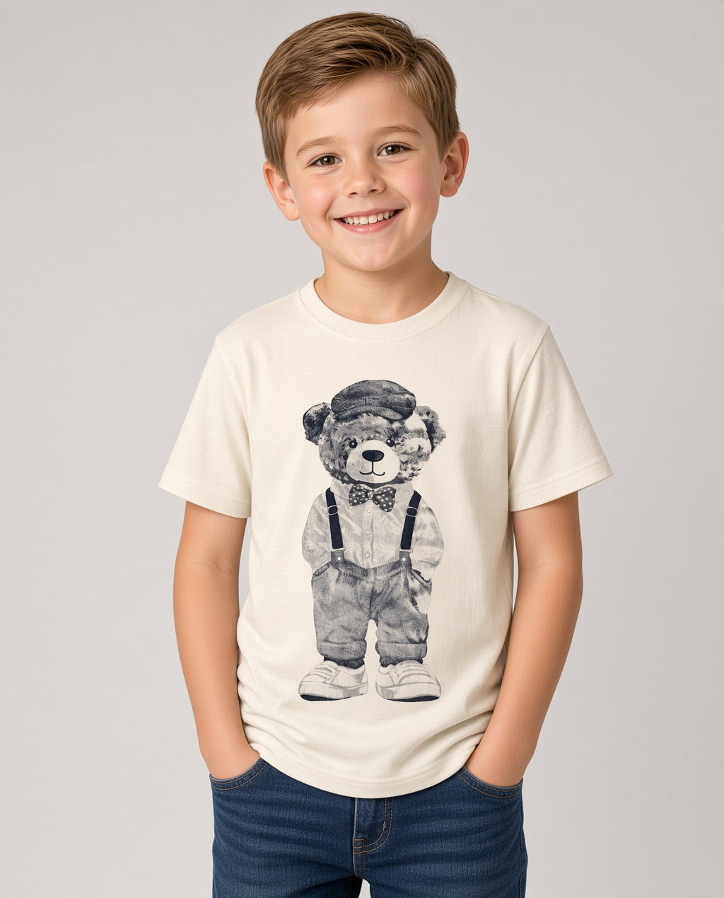 Boy wearing a cream tee with a teddy bear in overalls graphic