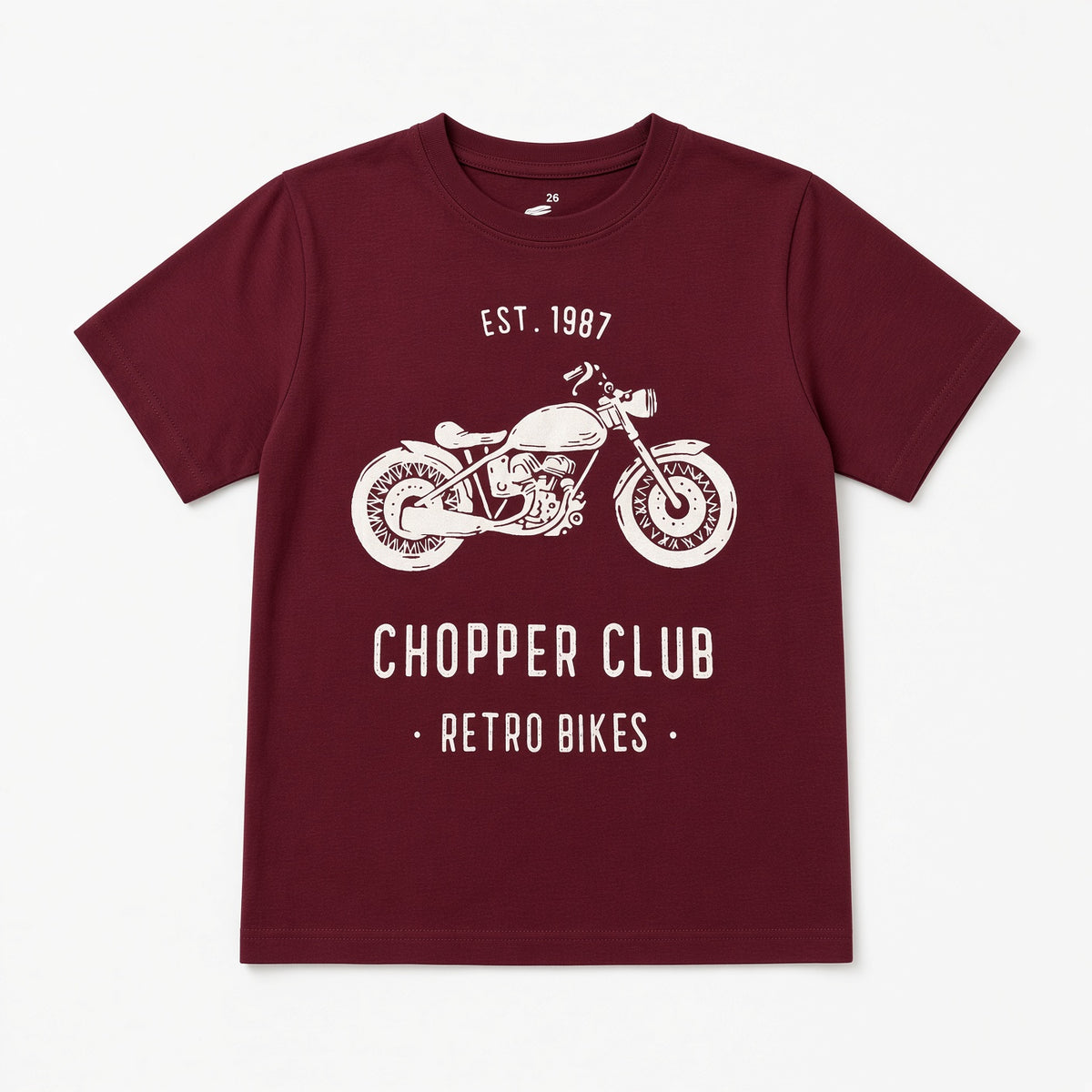 Burgundy Chopper Club Retro Bikes boys tee with vintage motorcycle graphic