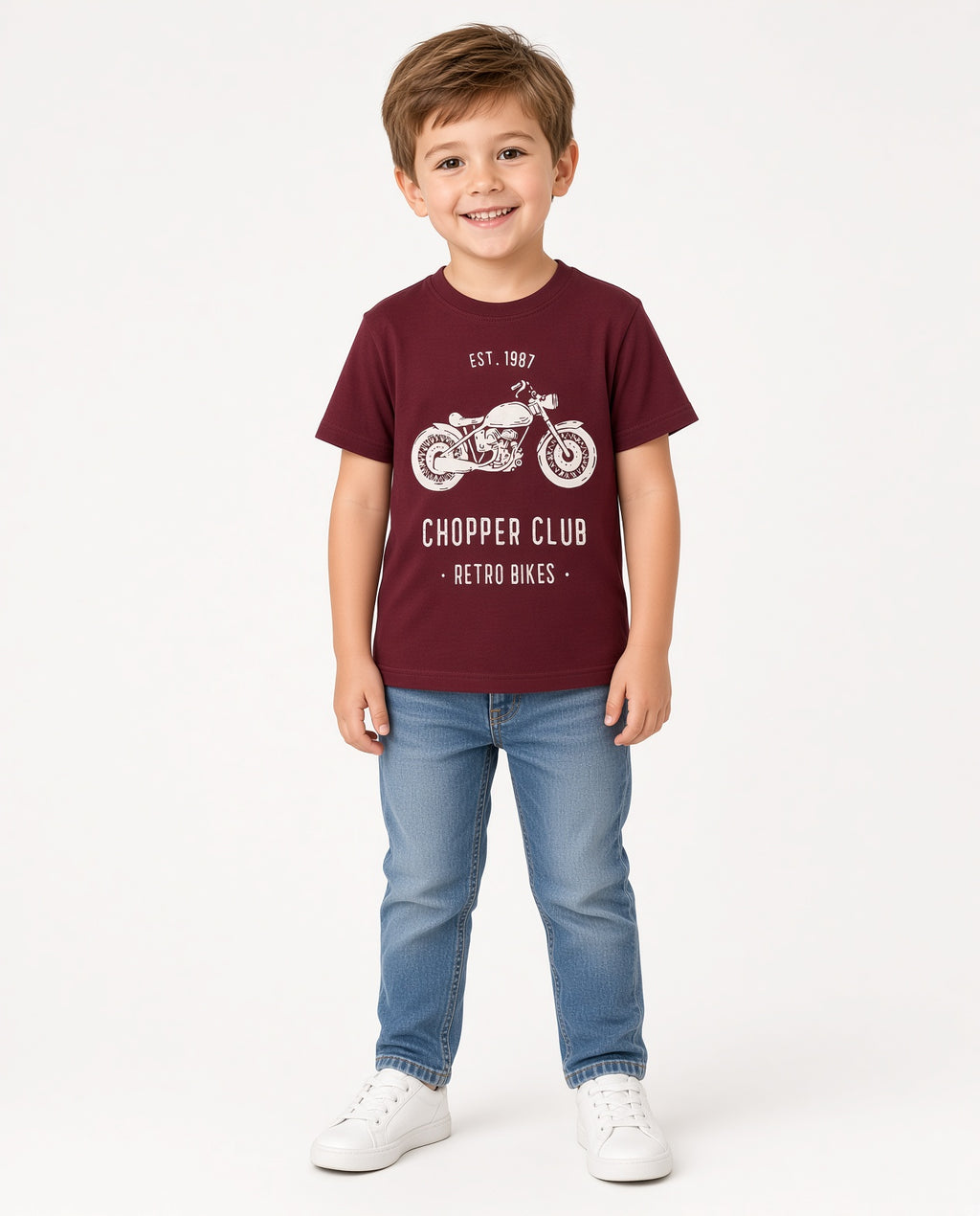 Boy wearing a burgundy Chopper Club Retro Bikes motorcycle tee and jeans