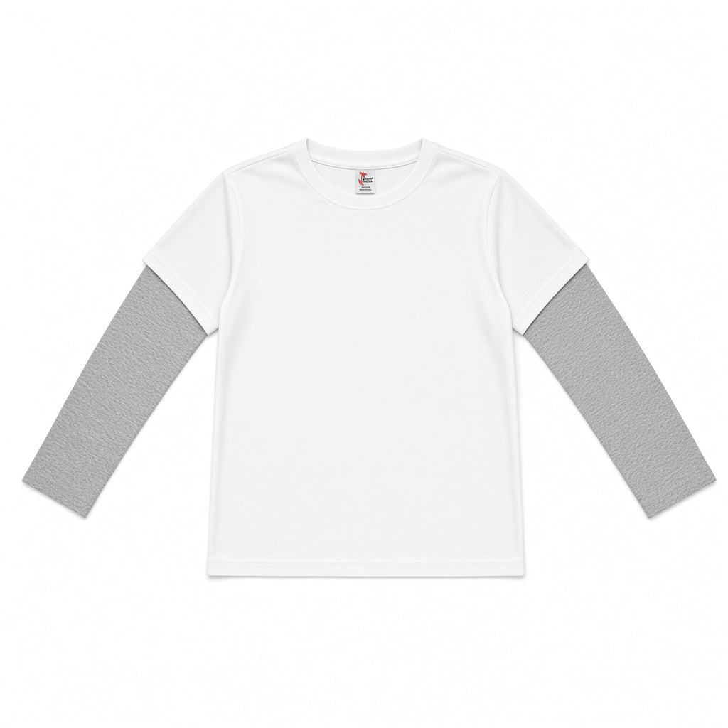 Boys white short-sleeve tee layered over heather gray long sleeves, flat view