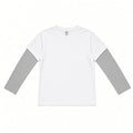 Boys white short-sleeve tee layered over heather gray long sleeves, flat view