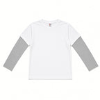 Boys white short-sleeve tee layered over heather gray long sleeves, flat view