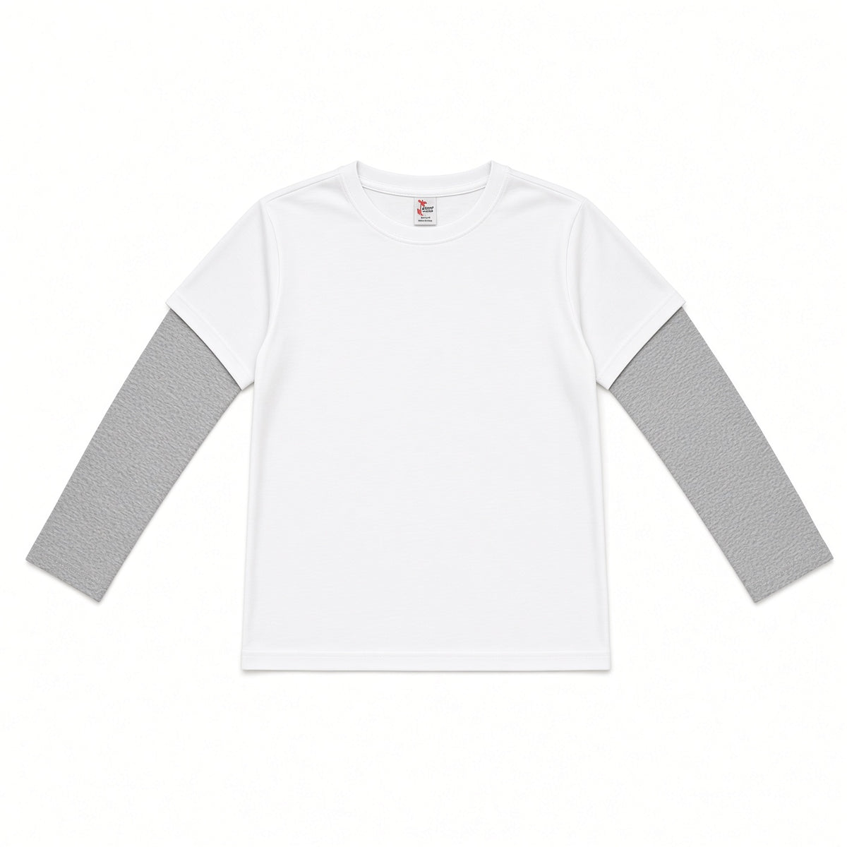 Boys white short-sleeve tee layered over heather gray long sleeves, flat view