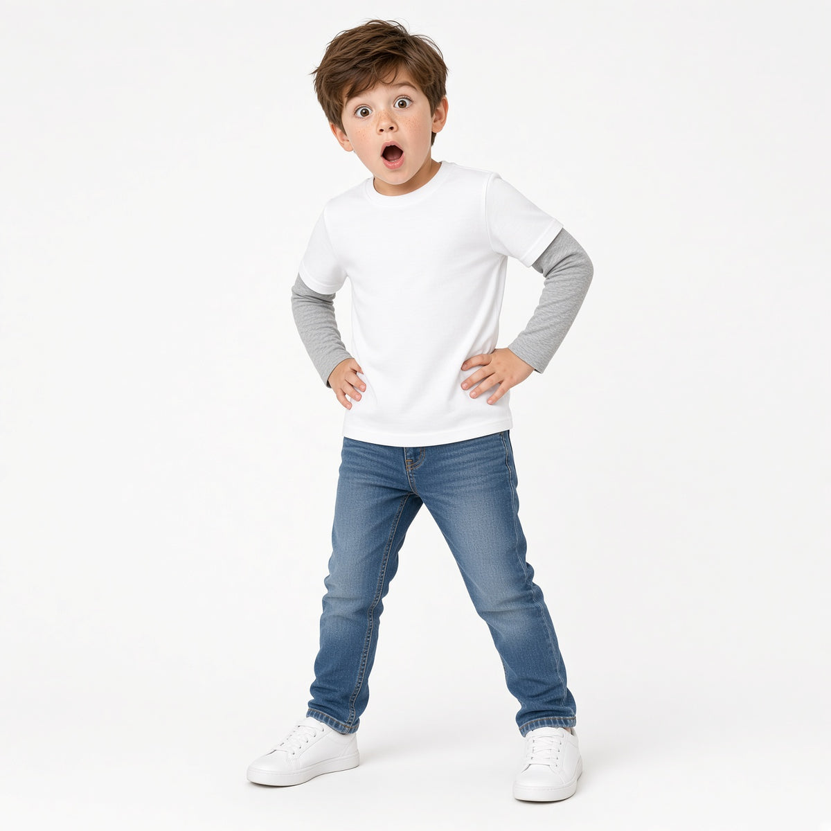 Boy wearing a white layered-look long-sleeve tee with heather gray sleeves and jeans