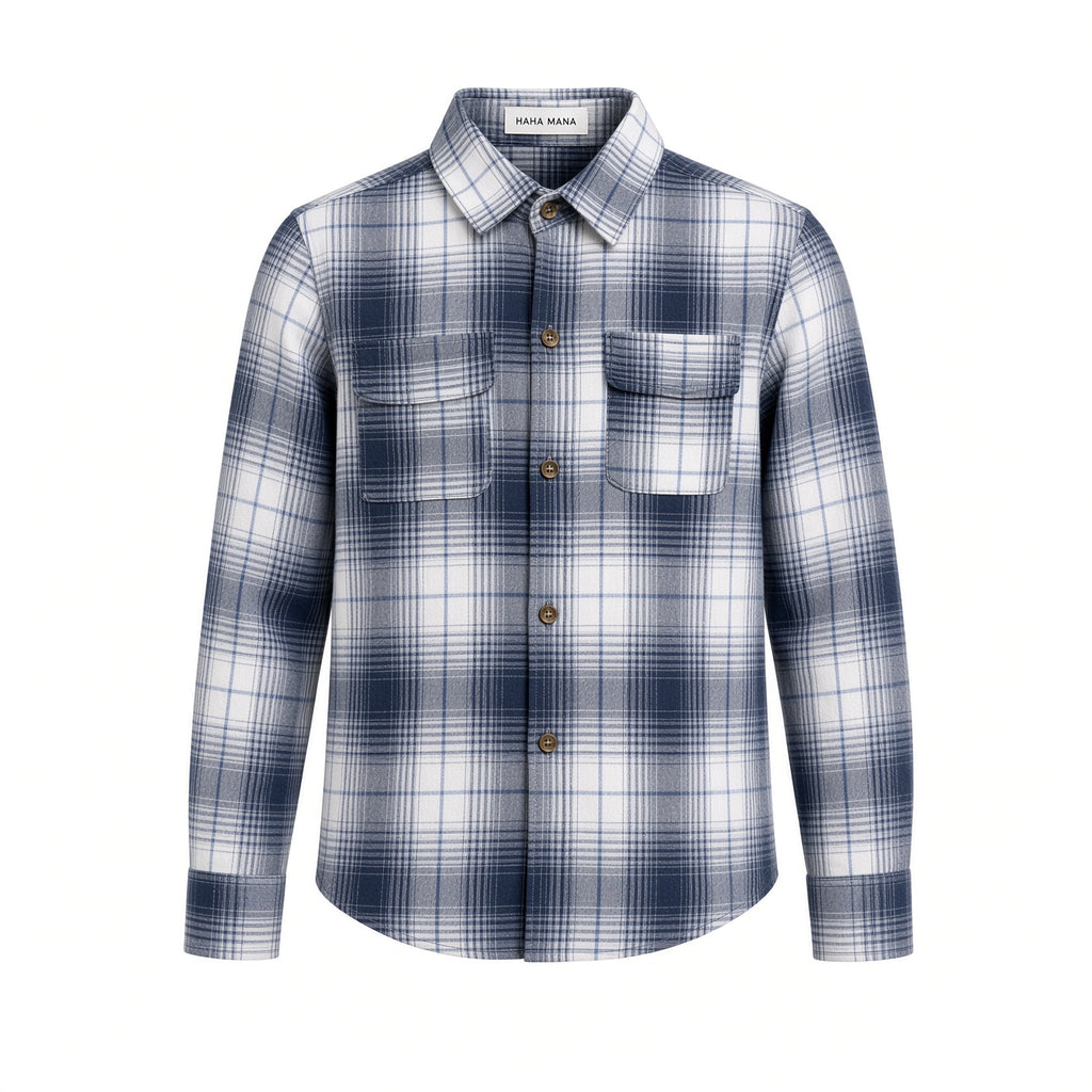 Kids navy and white plaid flannel shirt with chest pocket, front view