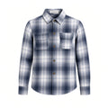 Kids navy and white plaid flannel shirt with chest pocket, front view