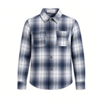 Kids navy and white plaid flannel shirt with chest pocket, front view