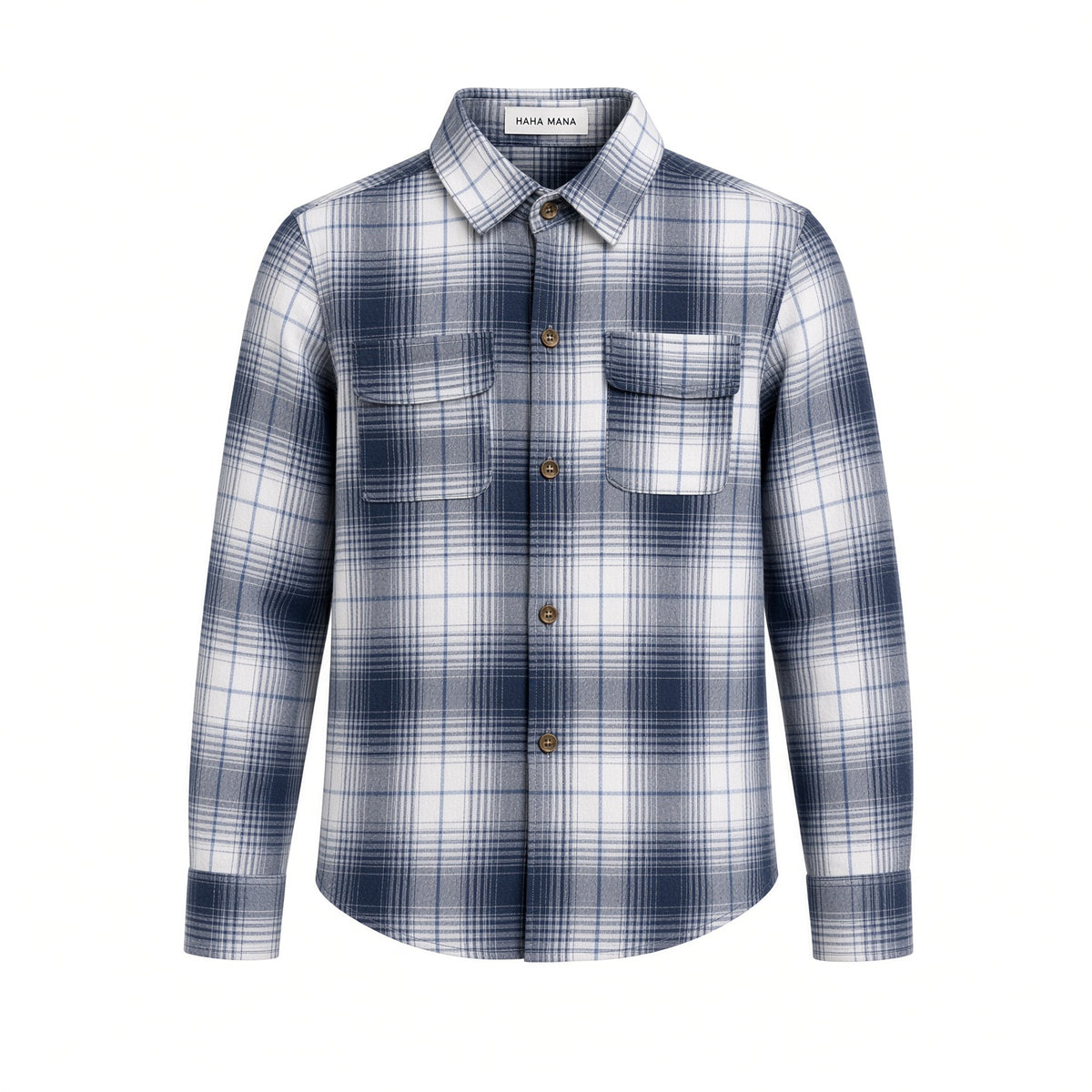 Kids navy and white plaid flannel shirt with chest pocket, front view