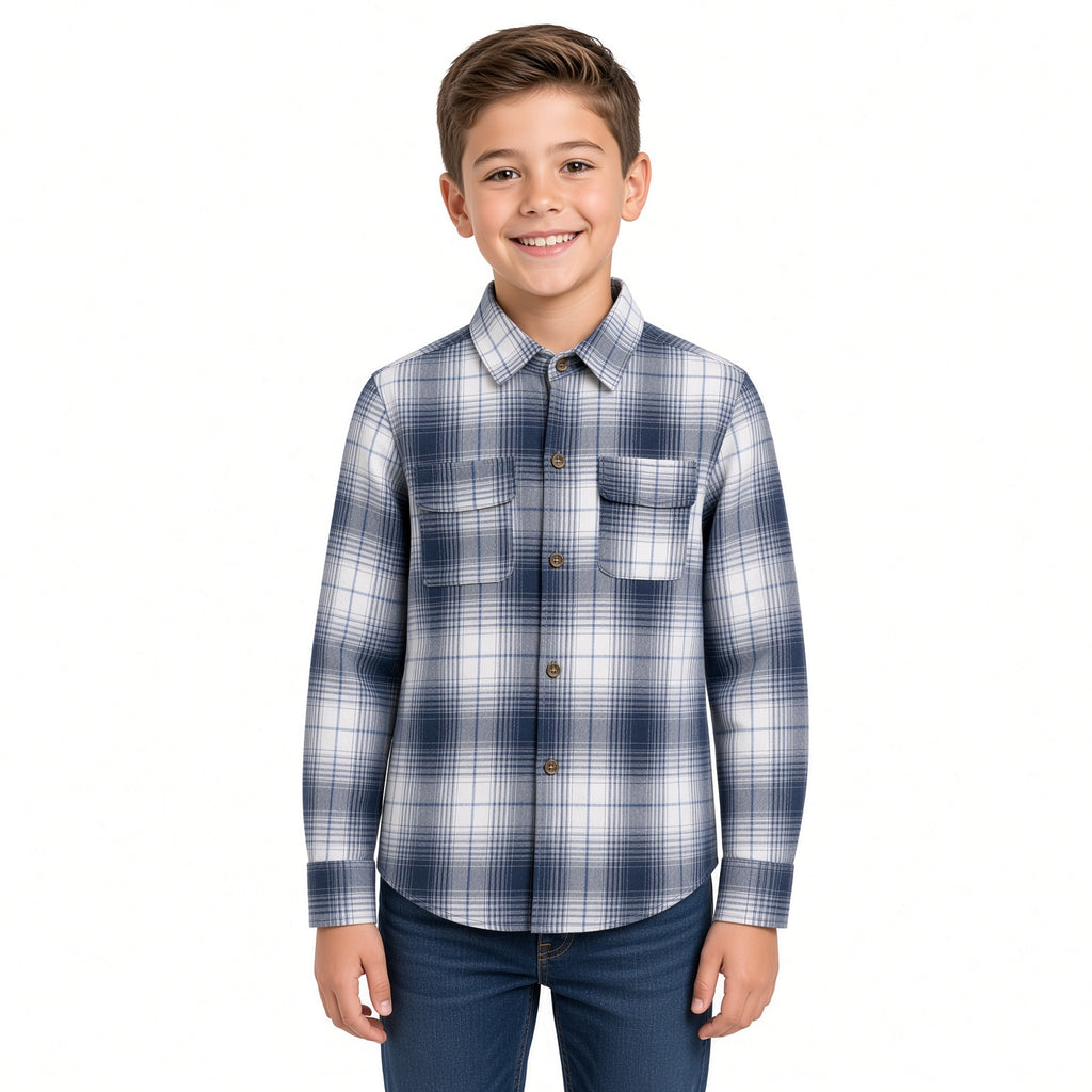 Boy wearing a navy and white plaid flannel button-up shirt