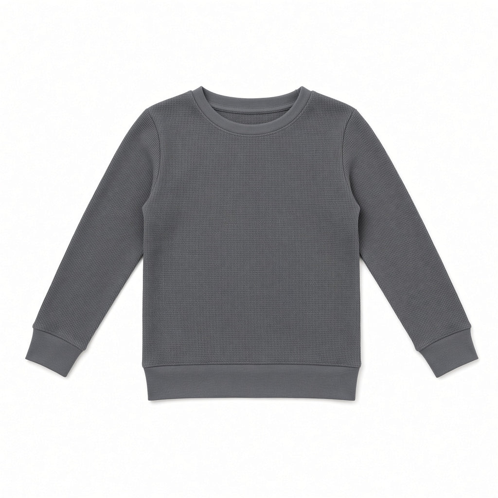 Gray waffle knit kids long-sleeve crewneck shirt, flat front view