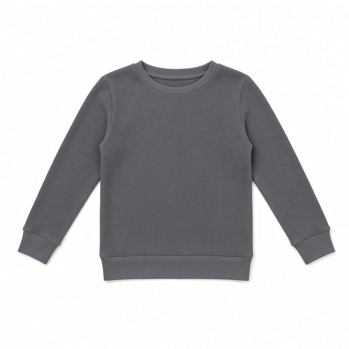 Gray waffle knit kids long-sleeve crewneck shirt, flat front view
