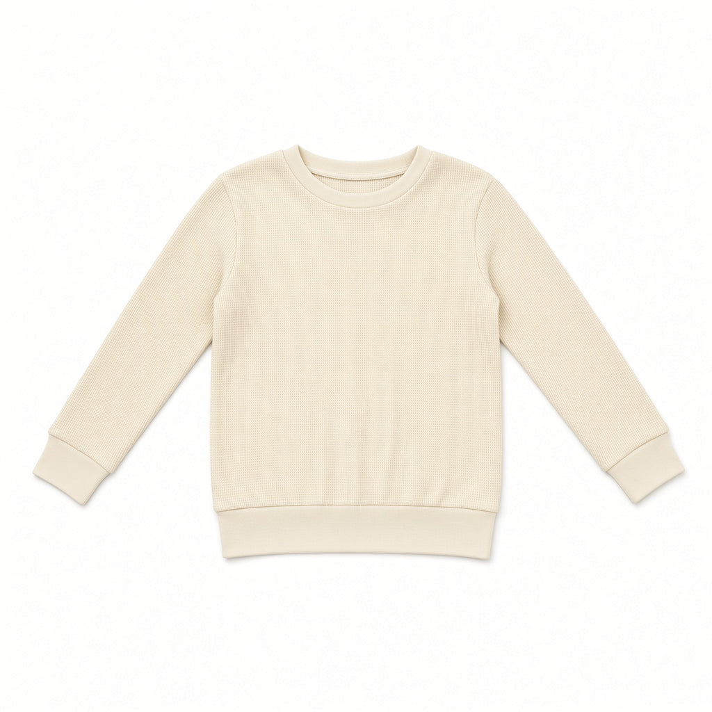 Cream waffle knit kids long-sleeve crewneck thermal shirt, front view
