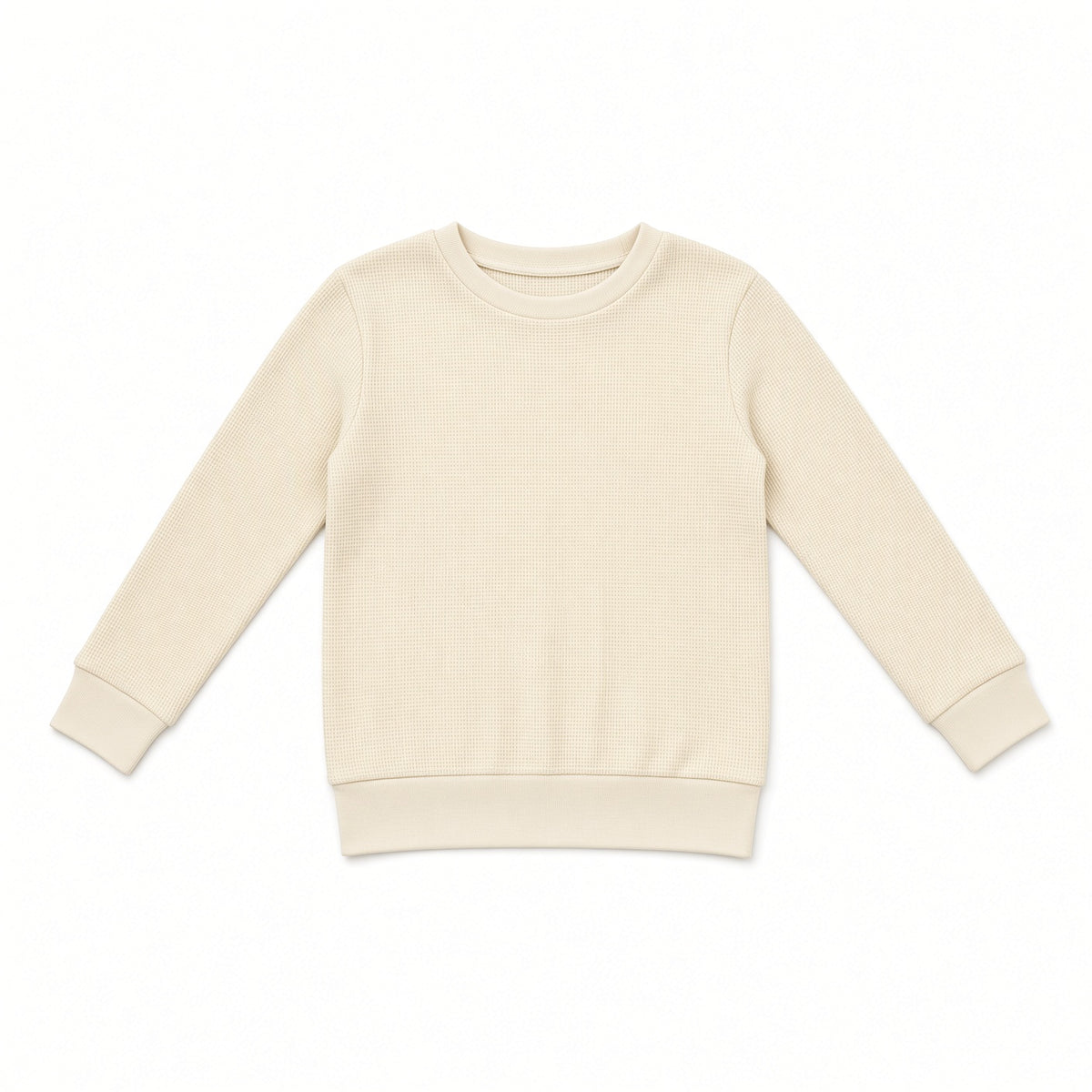 Cream waffle knit kids long-sleeve crewneck thermal shirt, front view