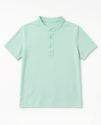 Mint green boys short-sleeve henley shirt with button placket, front view