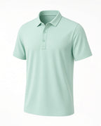 Mint green boys short-sleeve polo shirt with collar, angled view