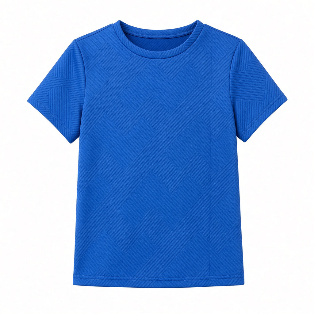 Pacific blue boys textured tee with geometric knit pattern, front view