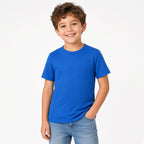 Boy wearing a blue textured short-sleeve crewneck tee