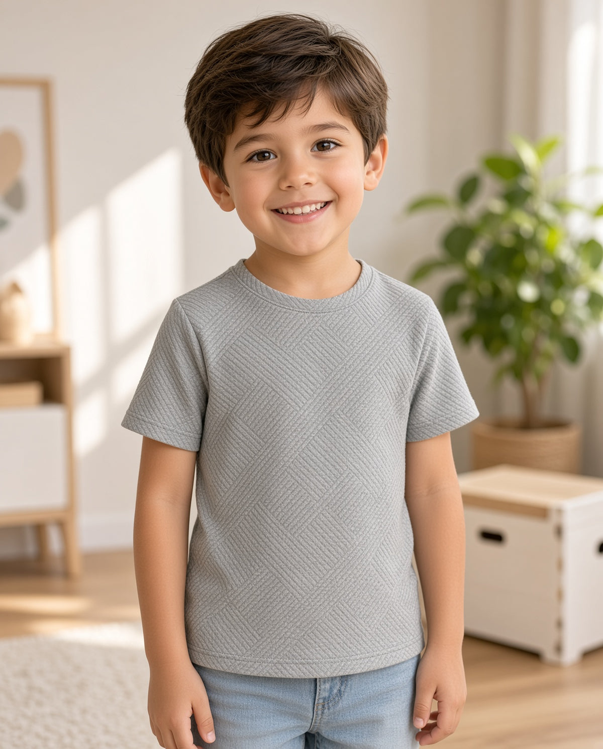 Boy wearing a gray textured short-sleeve tee