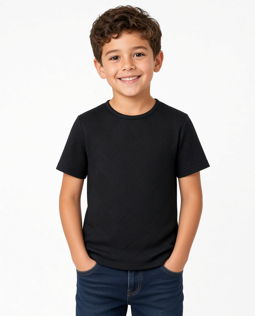 Boy wearing a black textured short-sleeve tee