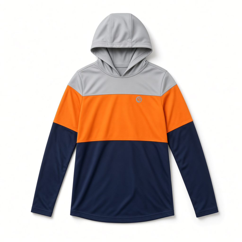 Boys color block hooded shirt in gray, orange, and navy, front view