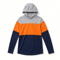 Boys color block hooded shirt in gray, orange, and navy, front view