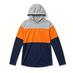 Boys color block hooded shirt in gray, orange, and navy, front view