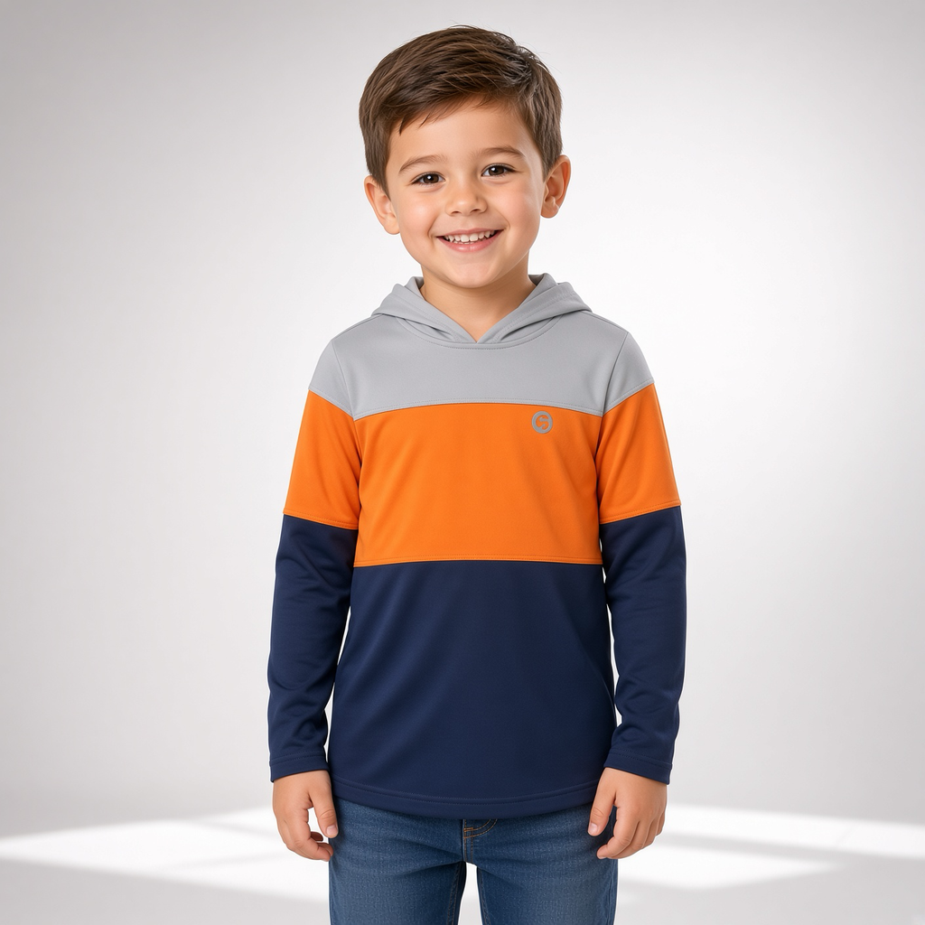 Boy wearing a gray, orange, and navy color block pullover hoodie