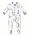 White baby footed zip sleeper with gray moon phase print, front view