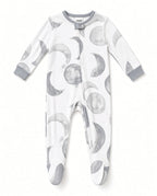 White baby footed zip sleeper with gray moon phase print, front view