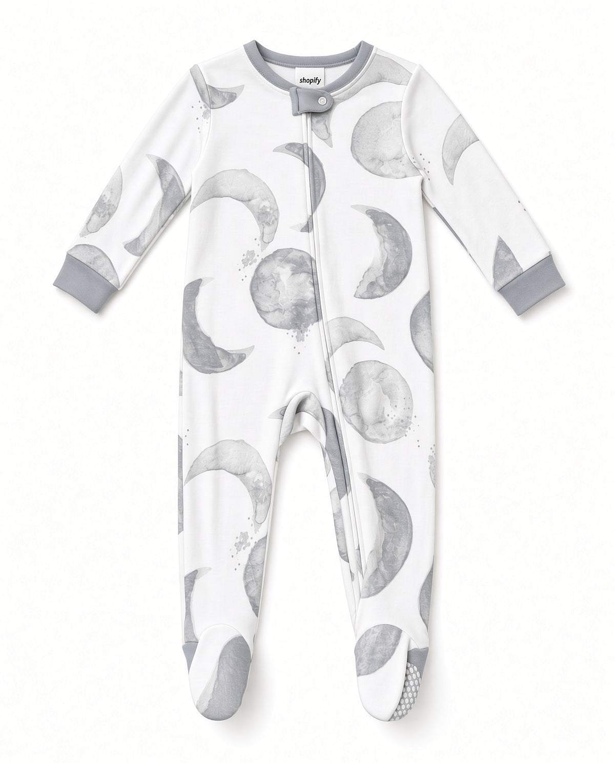 White baby footed zip sleeper with gray moon phase print, front view