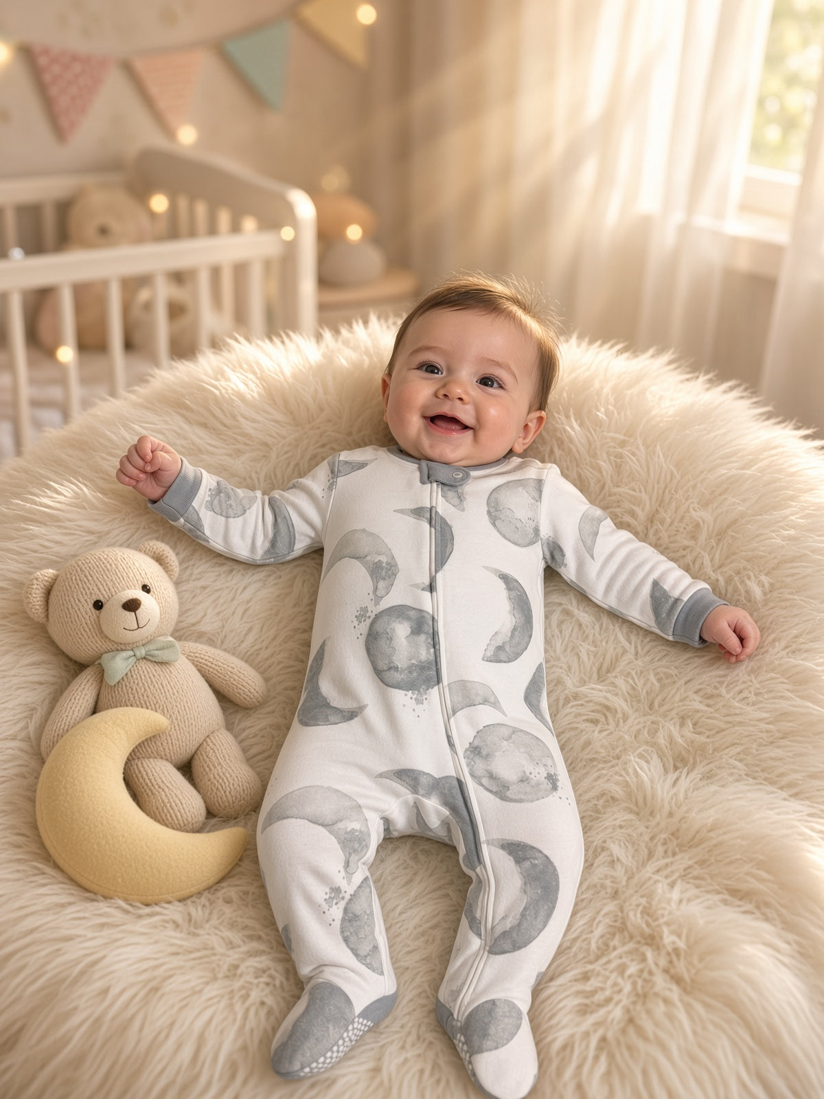 Baby lying on a fluffy rug in a gray moon print footed zip sleeper