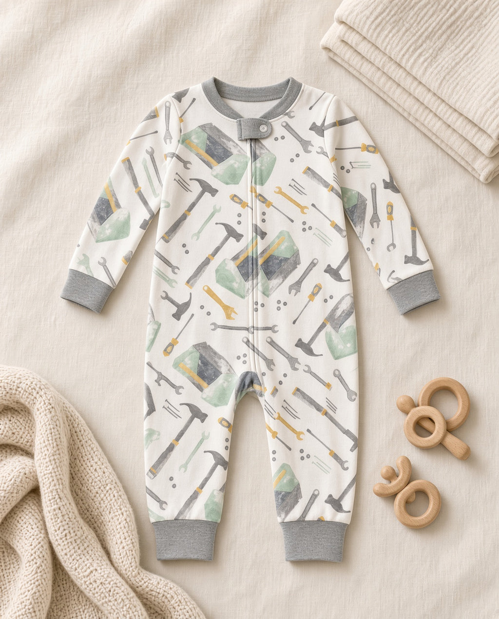 Baby tool print footless zip sleeper with gray trim, flat lay