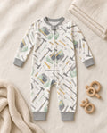 Baby tool print footless zip sleeper with gray trim, flat lay