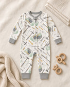 Baby tool print footless zip sleeper with gray trim, flat lay