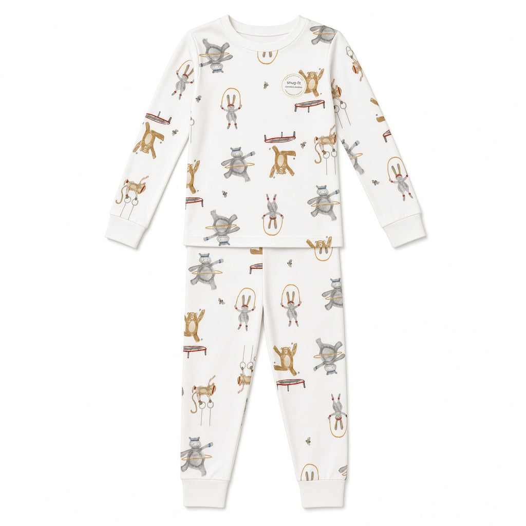 White baby two-piece pajama set with animal print, top and pants, front view