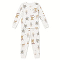 White baby two-piece pajama set with animal print, top and pants, front view
