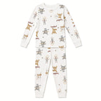 White baby two-piece pajama set with animal print, top and pants, front view