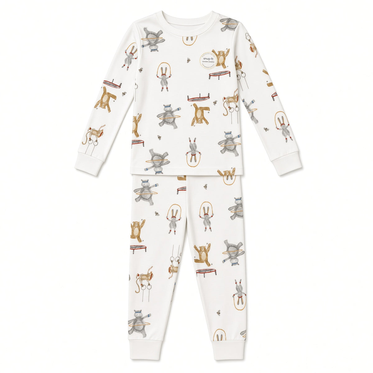 White baby two-piece pajama set with animal print, top and pants, front view