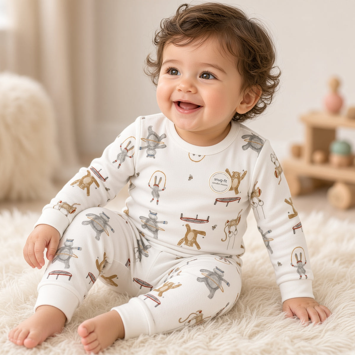 Baby wearing white two-piece pajamas with playful animal print