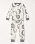 White two-piece toddler pajama set with gray moon print and gray cuffs
