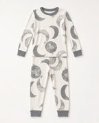 White two-piece toddler pajama set with gray moon print and gray cuffs