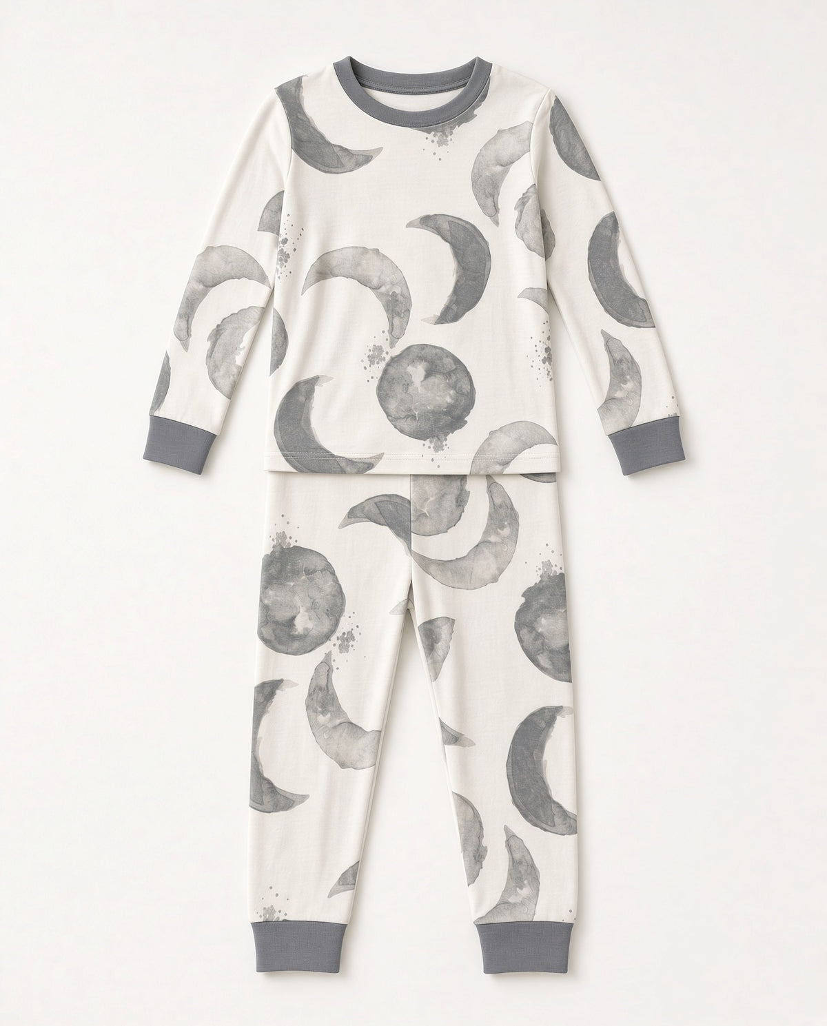 White two-piece toddler pajama set with gray moon print and gray cuffs