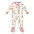 Cream baby footed zip sleeper with Ferris wheel carnival print and pink feet, front view