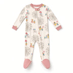 Cream baby footed zip sleeper with Ferris wheel carnival print and pink feet, front view
