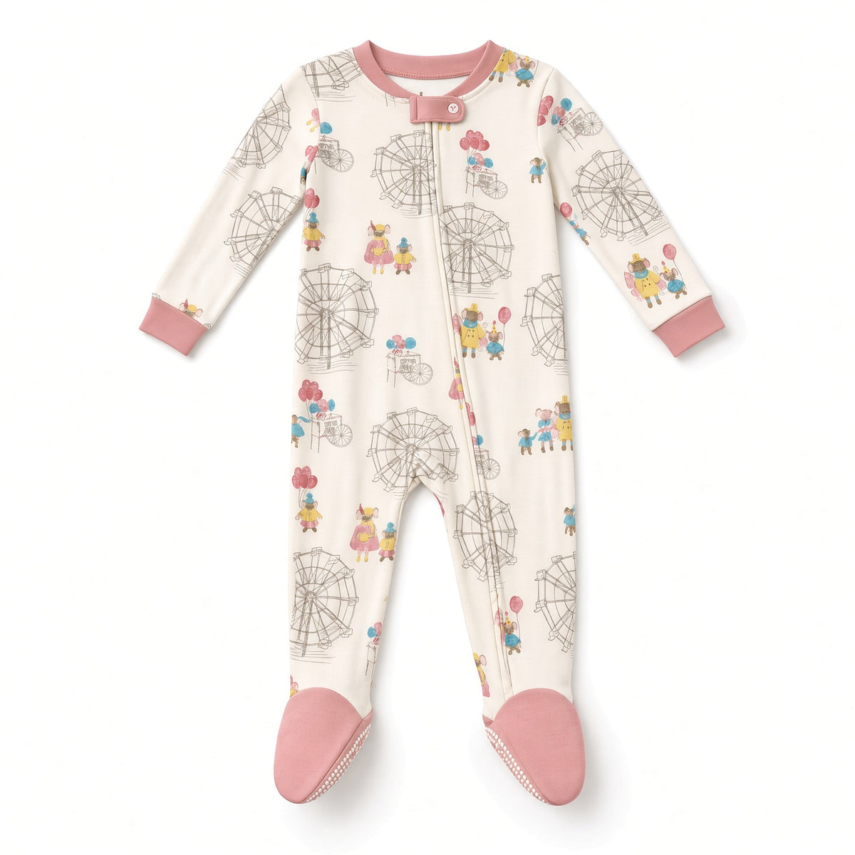 Cream baby footed zip sleeper with Ferris wheel carnival print and pink feet, front view