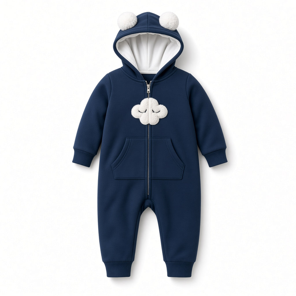 Navy baby hooded coverall with white cloud face appliqué and full-length zipper, front view