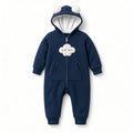 Navy baby hooded coverall with white cloud face appliqué and full-length zipper, front view
